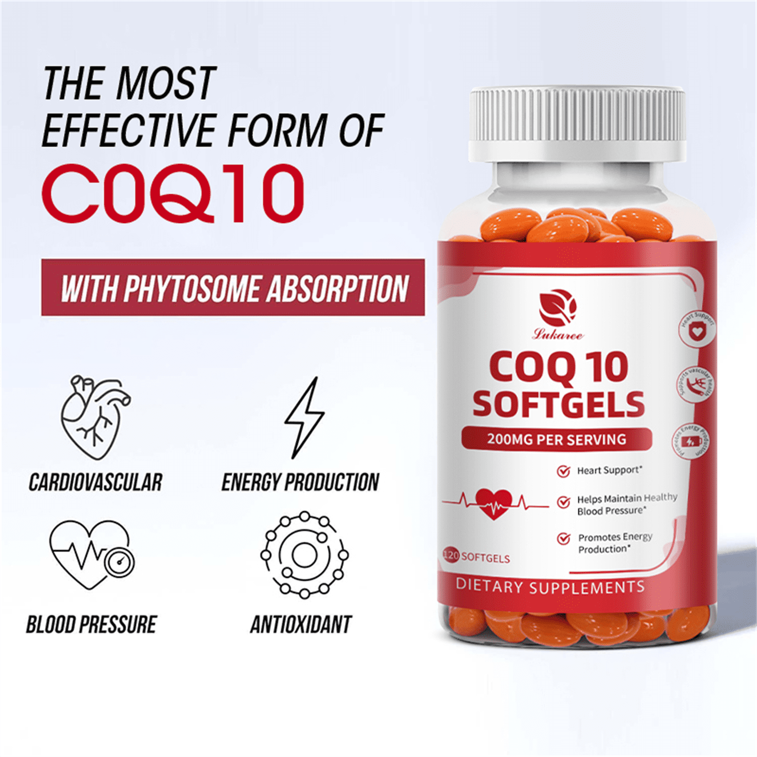 LUKAREE Coenzyme Q10 200mg Capsules, Daily Dietary Supplement for Men Women, Total 240 Softgels