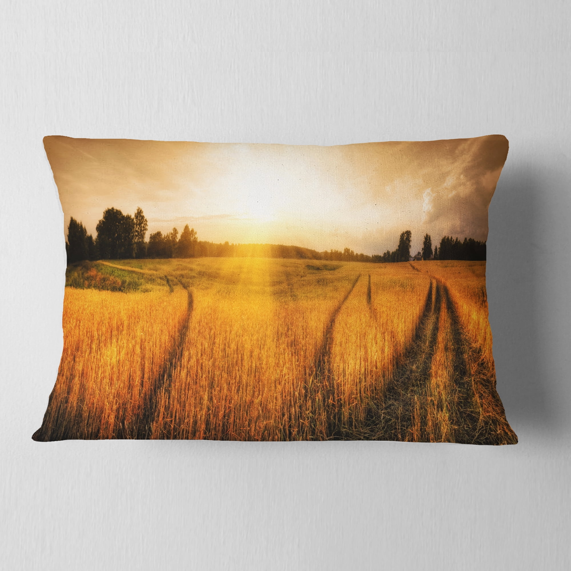 Designart Wheat Field at Sunset Panorama - Photography Throw Pillow - 12x20