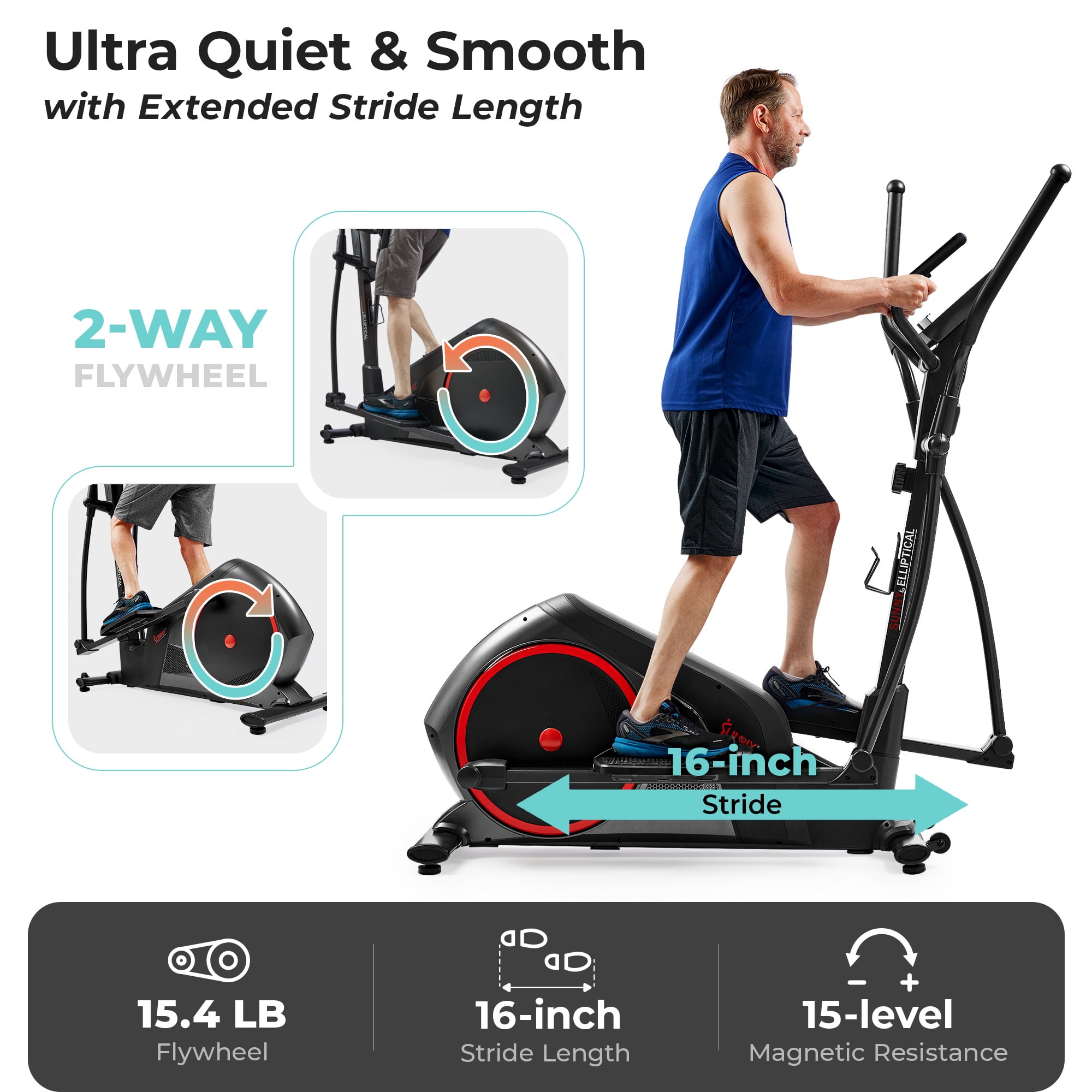 Sunny Health & Fitness Smart Heavy-Duty Elliptical Exercise Machine, Low-Impact Cardio Cross Trainer w Free SunnyFit App via Bluetooth – SF-E323055S