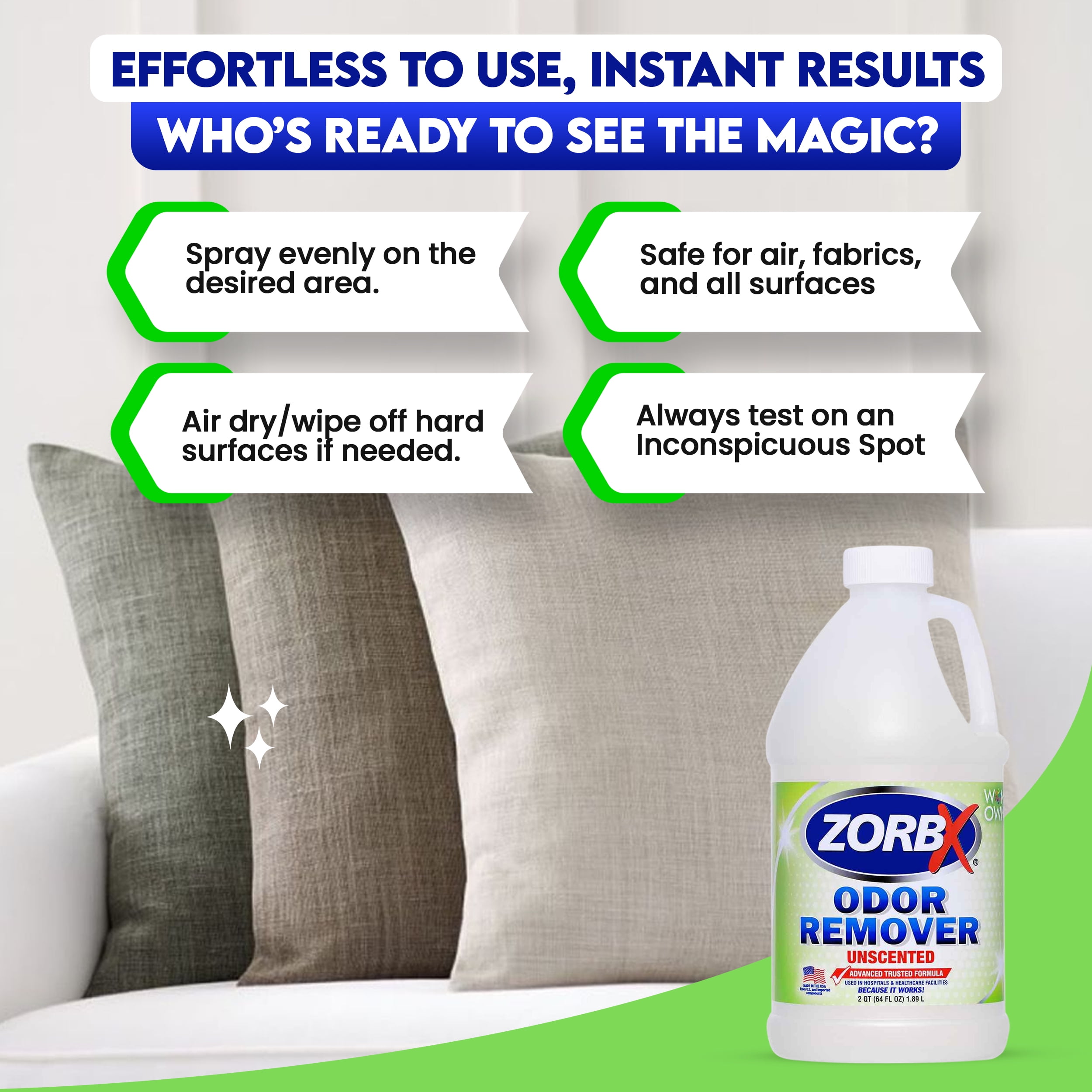 ZORBX Unscented Odor Eliminator Spray for Hospitals & Healthcare – Dog, Cat, Car & Carpet Deodorizer (64 oz)