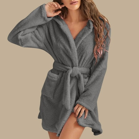 

ZZWXWB Robes For Women Women Soft Solid Color Long Sleeve V-Neck Winter Sashes Pokets Fleece Faux Velvet Sleepwear Dress Nightgowns Gray Xl ac1895