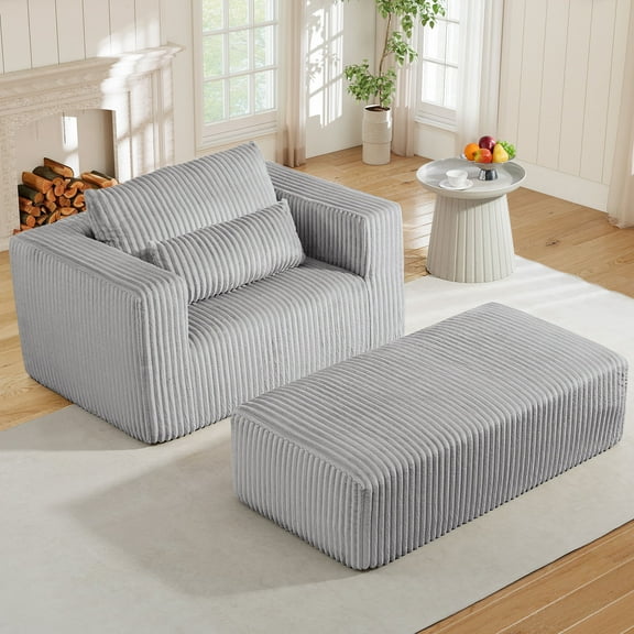 Muumblus Accent Chair with Movable Ottoman, Oversized Indoor Chaise Lounge Chair, No Assembly, Boneless Corduroy Cloud Sofa for Living Room, Gray