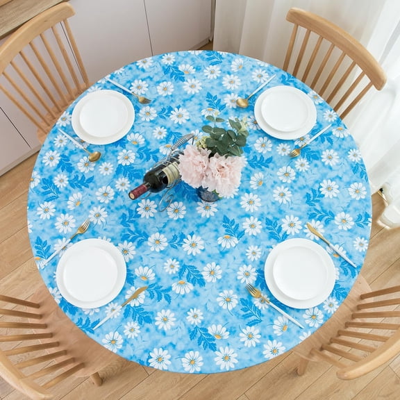 Round Fitted Vinyl Tablecloth with Elastic Edge 100% Waterproof Oil Proof PVC Table Cloth Wipe Clean Table Cover for Indoor and Outdoor, Daisy, 36"- 44"