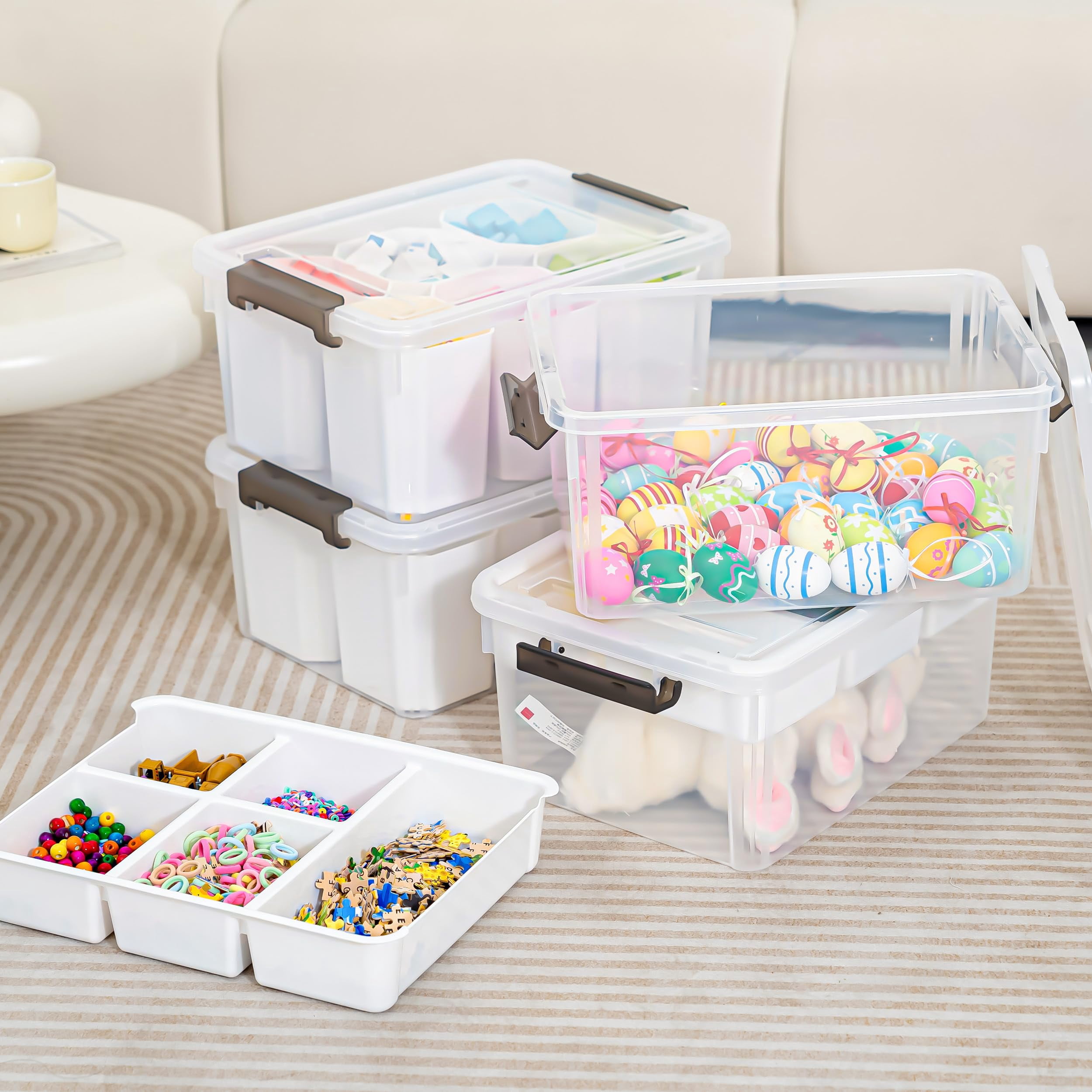 17 Qt Plastic Storage Box With Removable Tray And 6 Detachable Tall Inserts Craft Organizers Clear Container For Organizing Crayon  Sewing Playdoh 4 Packs