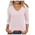 thumbnail image 2 of Lenpel T Shirts for Women 3/4 Length Sleeve Scalloped V Neck Solid Color Tunic Tops Casual Loose Tee Blouses(Pink,Large), 2 of 5