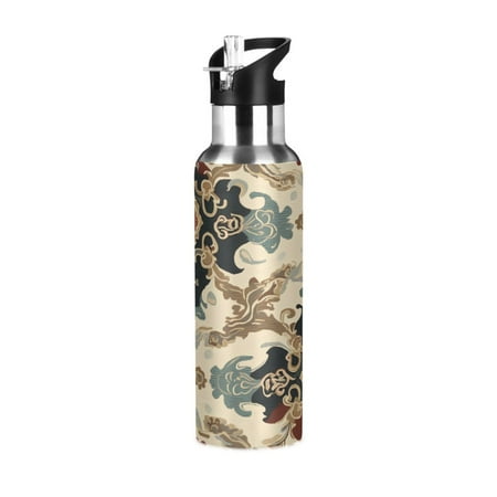 

Water Bottles 34oz Straw Lid Wide Mouth Stainless Steel for School Sport Travel Traditional Chinese Flower Pattern