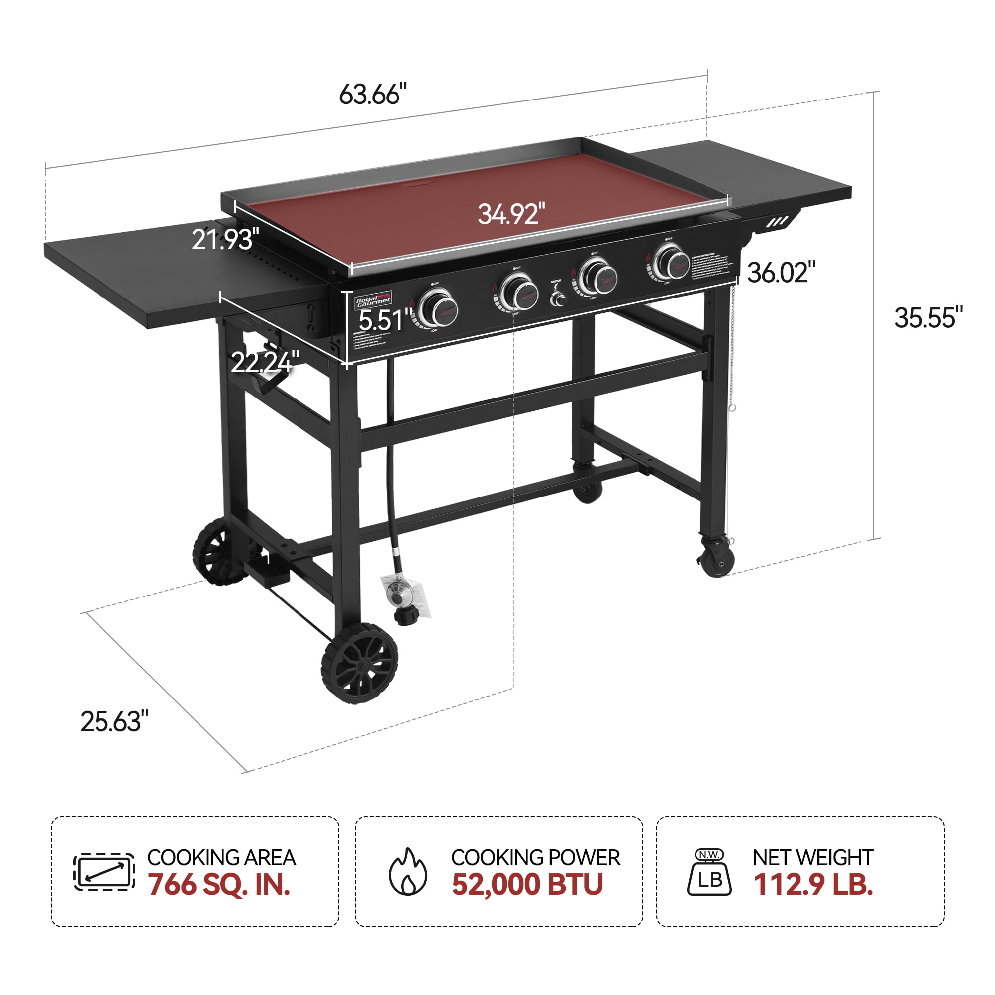 Royal Gourmet GB4001C 4-Burner 52000-BTU Propane Gas Grill Griddle, 36"L, With Cover
