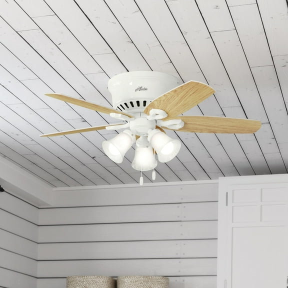 Restored Hunter Fan 42 inch Low Profile Snow White Finish Indoor Ceiling Fan with LED Light Kit and Pull Chain (Refurbished)