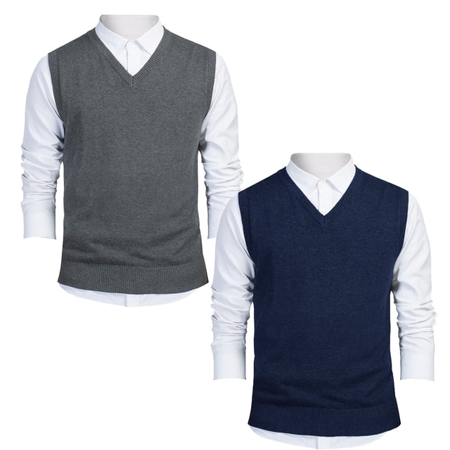 TOPTIE 2 Pack Window Clerk Sweater Vests For Men, Work Uniform Cotton V-Neck Sweater Vests-Charcoal Navy-L