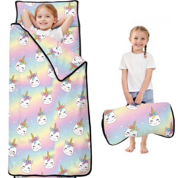 Unicorn and Bow Pink Pattern Teens Toddler Nap Mat with Pillow, Sleeping Mat Bag for Preschool Daycare 59"x22"