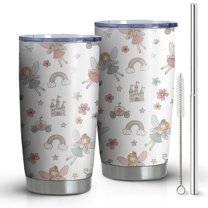 20oz Tumblers White Fairy Castle Pattern Stainless Steel Vacuum Insulated Double Wall Travel Tumbler Cups Mug with Lid and Straw,Cleaning Brush for Cold & Hot Drinks