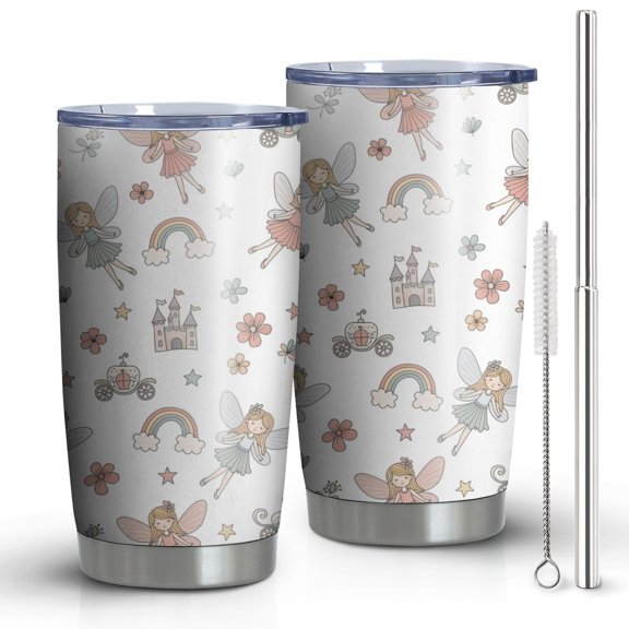 20oz Tumblers White Fairy Castle Pattern Stainless Steel Vacuum Insulated Double Wall Travel Tumbler Cups Mug with Lid and Straw,Cleaning Brush for Cold & Hot Drinks