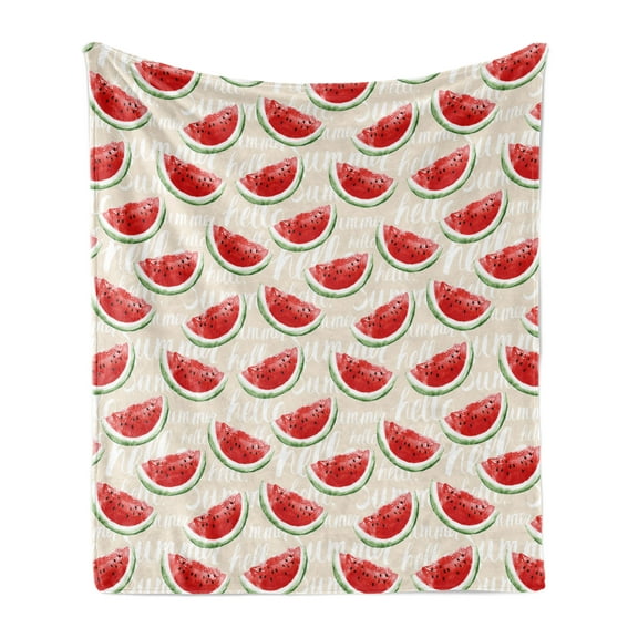 Fruits Soft Flannel Fleece Blanket, Watercolor Fresh Watermelons Yummy Summer Food Harvest Paintbrush Display, Cozy Plush for Indoor and Outdoor Use, 60" x 80", Cream Red Jade Green, by Ambesonne