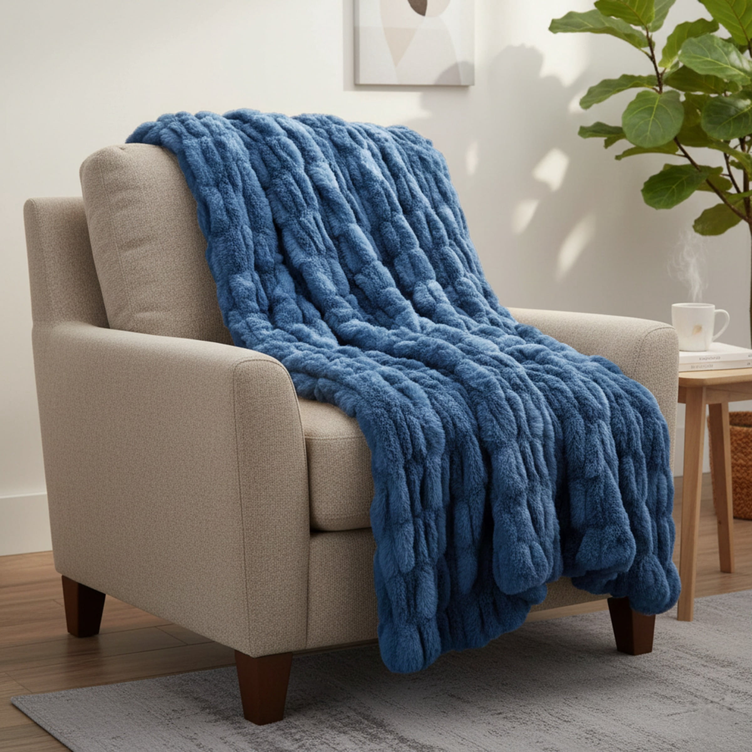 Lavish Home 60x80-Inch Ruched Faux Fur Blanket for Sofas and Beds (Blue)