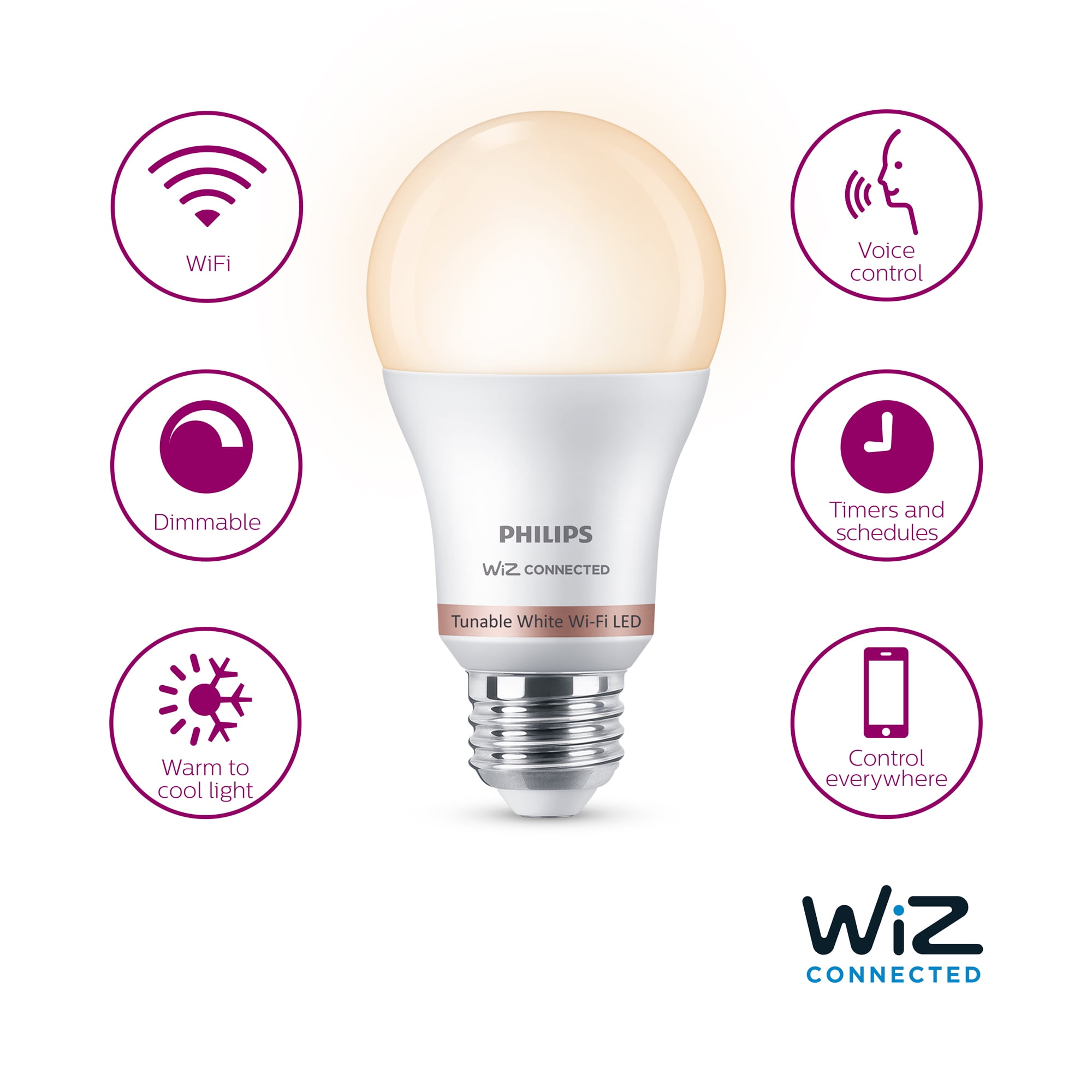 Philips Smart LED 60-Watt A19 General Purpose Light Bulb, Frosted, Tunable White, Dimmable, E26 Medium Base (4-Pack)