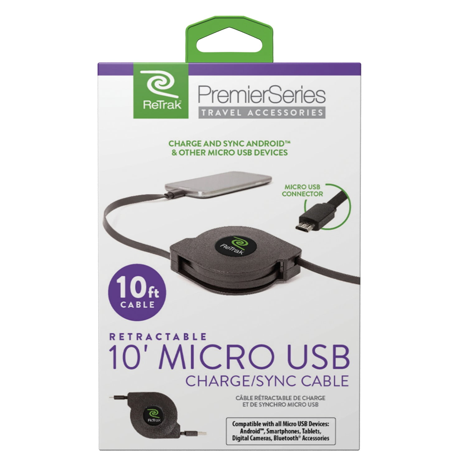 Retrak ETPRM510 Retractable 10-foot Micro USB Charge And Sync Cable