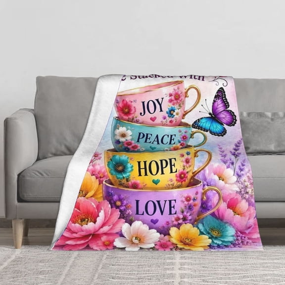 Inspirational Teacup Floral Flannel Blanket, 280g Soft Warm Plush Throw with Butterfly and Flowers, Joy Peace Hope Love Quote Vertical Blanket for Sofa Couch Bed Decor