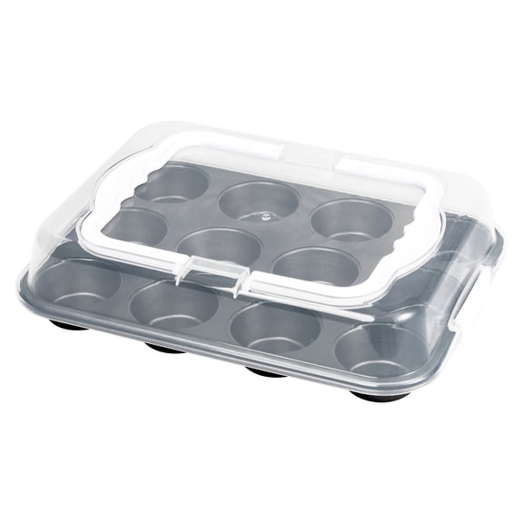 Mainstays 12 Cup Muffin Pan with Covered Carrier, Carbon Steel Bakeware, Plastic Cover