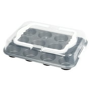 Mainstays 12-Cup Muffin Pan with Covered Carrier, Carbon Steel Bakeware with Plastic Cover