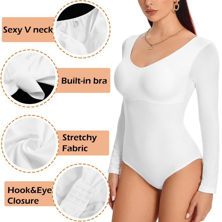  V Neck Bodysuit For Women Long Sleeve Tummy Control