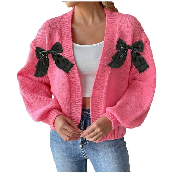 Womens Bow Open Front Cardigan Sweaters Cropped Knit Sweater Long Sleeve Cute Pullovers Trendy Fall Winter Outfits Hot Pink, M