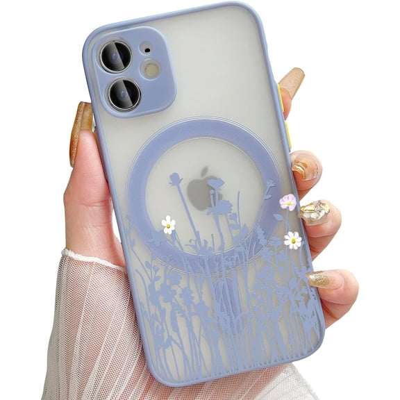 Magnetic for iPhone 12 Mini Case [Compatible with MagSafe] Frosted PC Back Protector Wildflower Shockproof Floral Design Protective Women Girls Phone Cover - Purple Wildflower