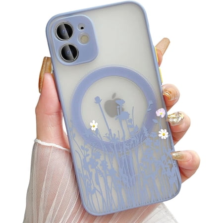 Magnetic for iPhone 12 Mini Case [Compatible with MagSafe] Frosted PC Back Protector Wildflower Shockproof Floral Design Protective Women Girls Phone Cover - Purple Wildflower