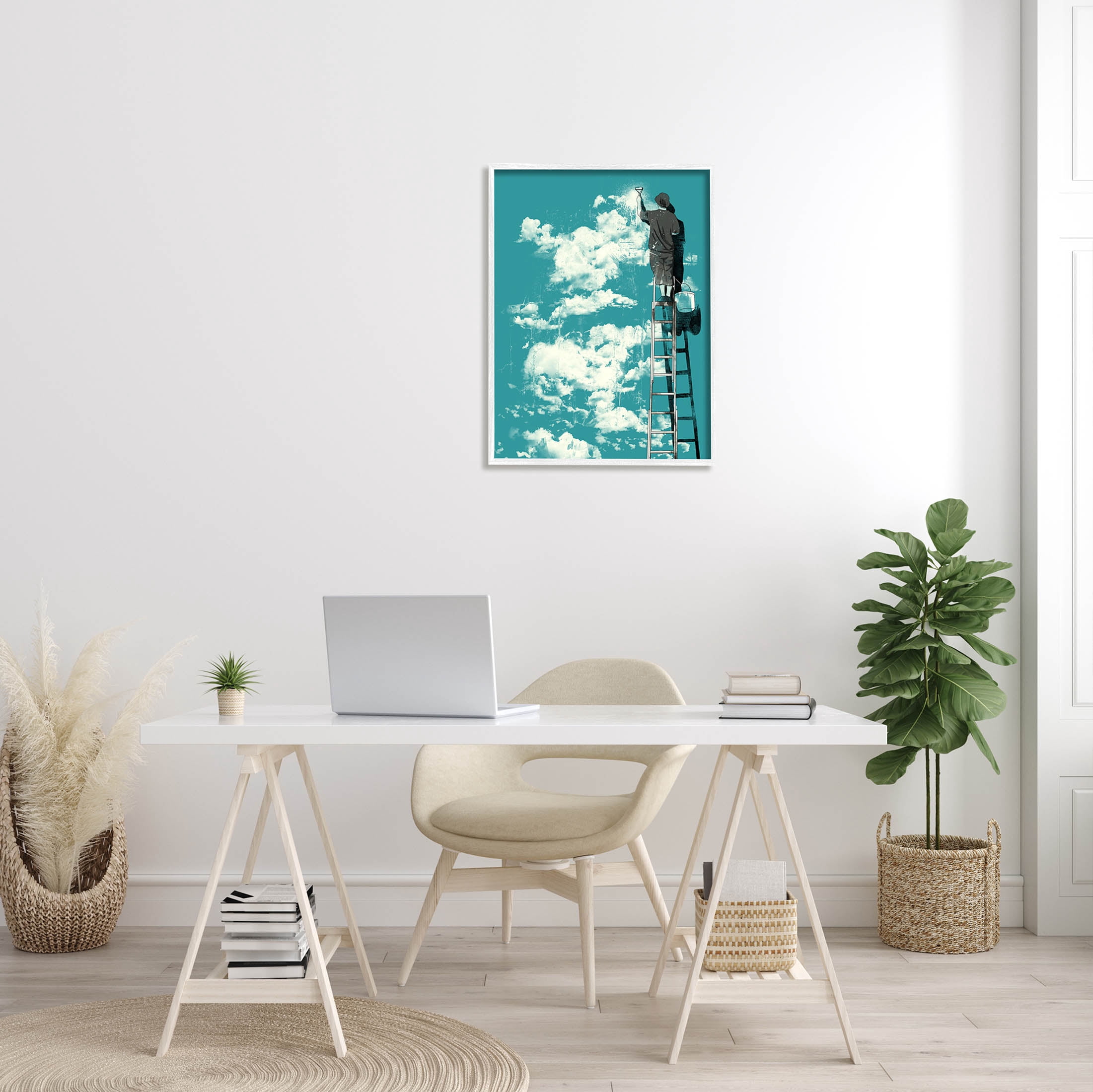 Stupell Industries Painter On Ladder Conceptual Clouds Graphic Art White Framed Art Print Wall Art, Design by Matheus Lopes Castro