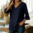 thumbnail image 4 of Womens Tops Ruffle 3/4 Sleeve Dressy Casual Shirts Solid Color V-Neck Tunic Summer Vacation Blouse Navy, 4 of 6