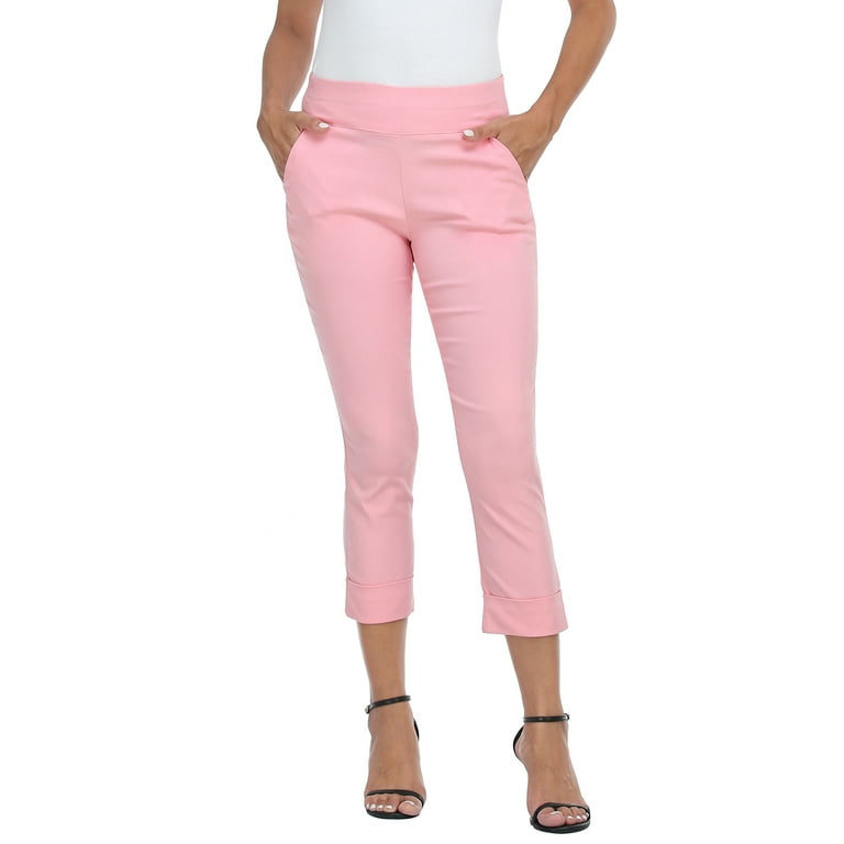 HDE Pull On Capri Pants For Women with Pockets Elastic Waist Cropped Pants Pink L