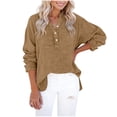 thumbnail image 3 of Craaazy Women Plus Size Tops Loose Fit Solid Color V Neck Button Detail Long Sleeve Cotton Tops for Vacation Gift, 3 of 9