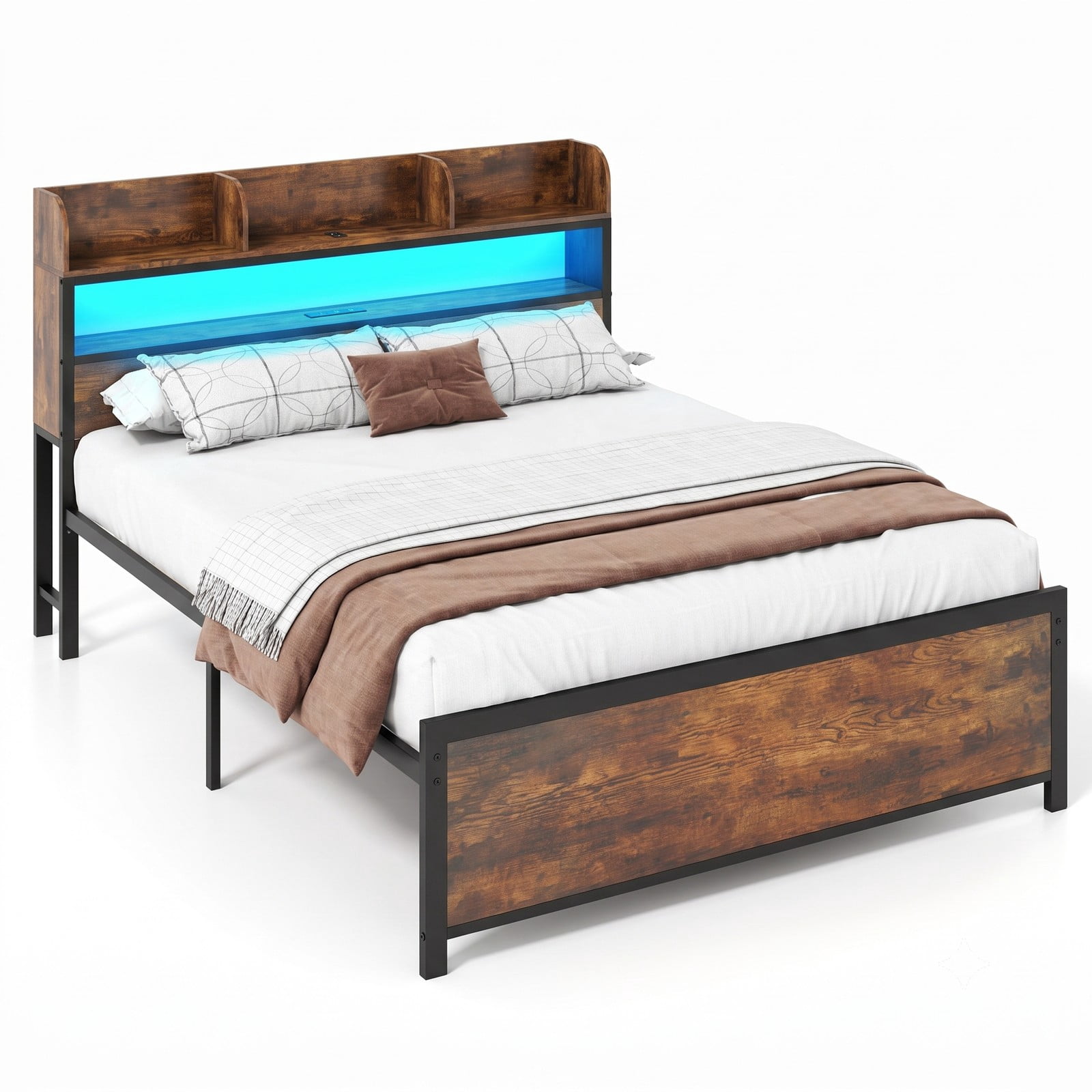 Furnibear Full Size Bed Frame with Storage Headboard, LED Platform Bed Frame with Power Outlets and USB Ports, Rustic Brown