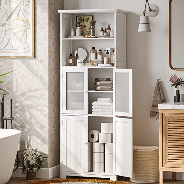 Tall Bathroom Storage with Adjustable Shelves and Glass Doors