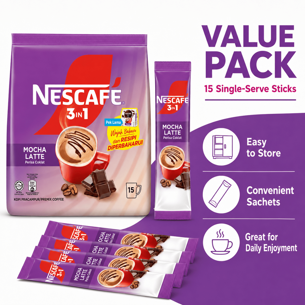 NESCAFÃ‰ 3 in 1 Mocha Coffee Latte, Instant Coffee Packets, Single