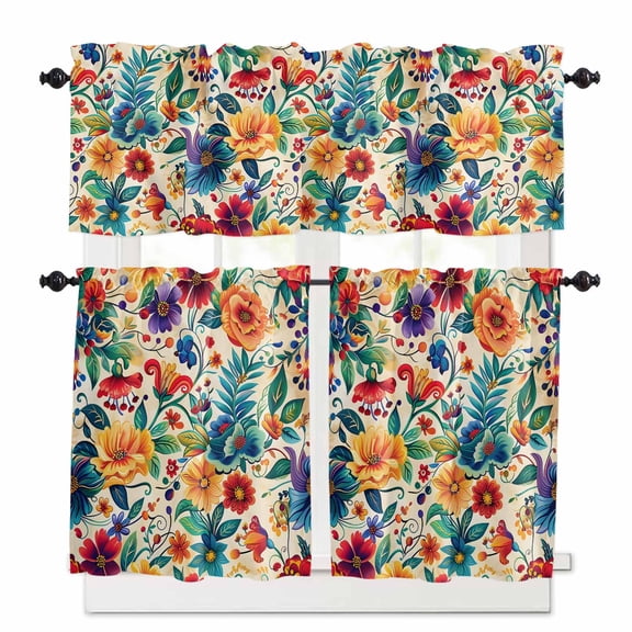 Boho Retro Kitchen Curtains Valances and Tiers Set of 3 Spring Colorful Flowers Leaves Tier Curtains and Valance for Kitchen Bathroom Small Windows 27.5"W x 36"L (Pack of 3)