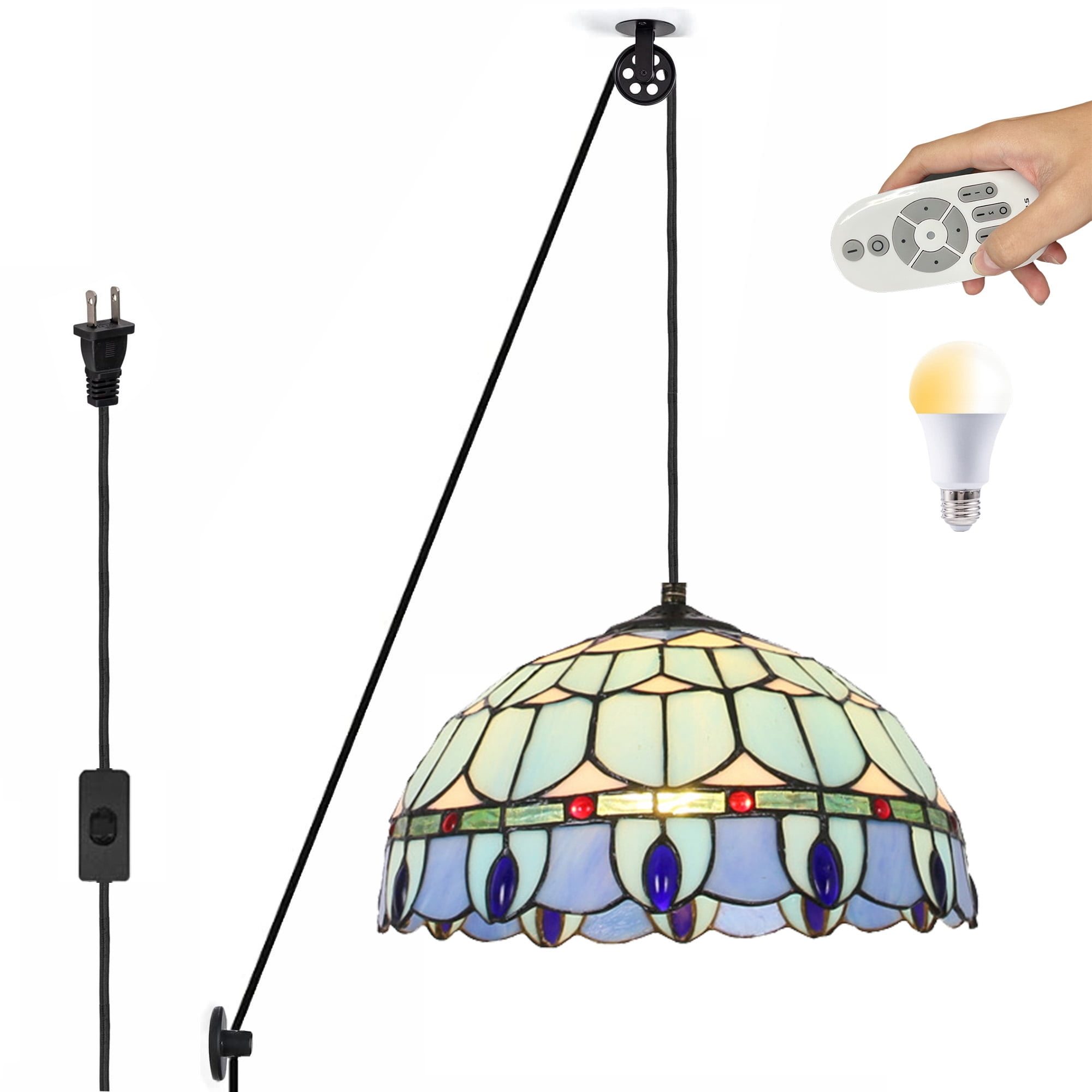 Kiven Plug in Glass Pendant Light ,Classic Pulley Hanging Light with