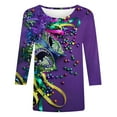 thumbnail image 4 of Cavosen Carnival Day Womens Dressy Tops 3/4 Length Sleeves Festival Mardi Gras Round Neck Tops Mask Graphic Print Shirts Holiday Stylish Blouse Loose Athletic Tees Party Tuesday 3XL, 4 of 5