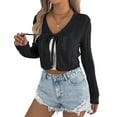 thumbnail image 3 of Women'S Tie Front Long Sleeve Scalloped Crop Cardigan Knit Top Black M, 3 of 9