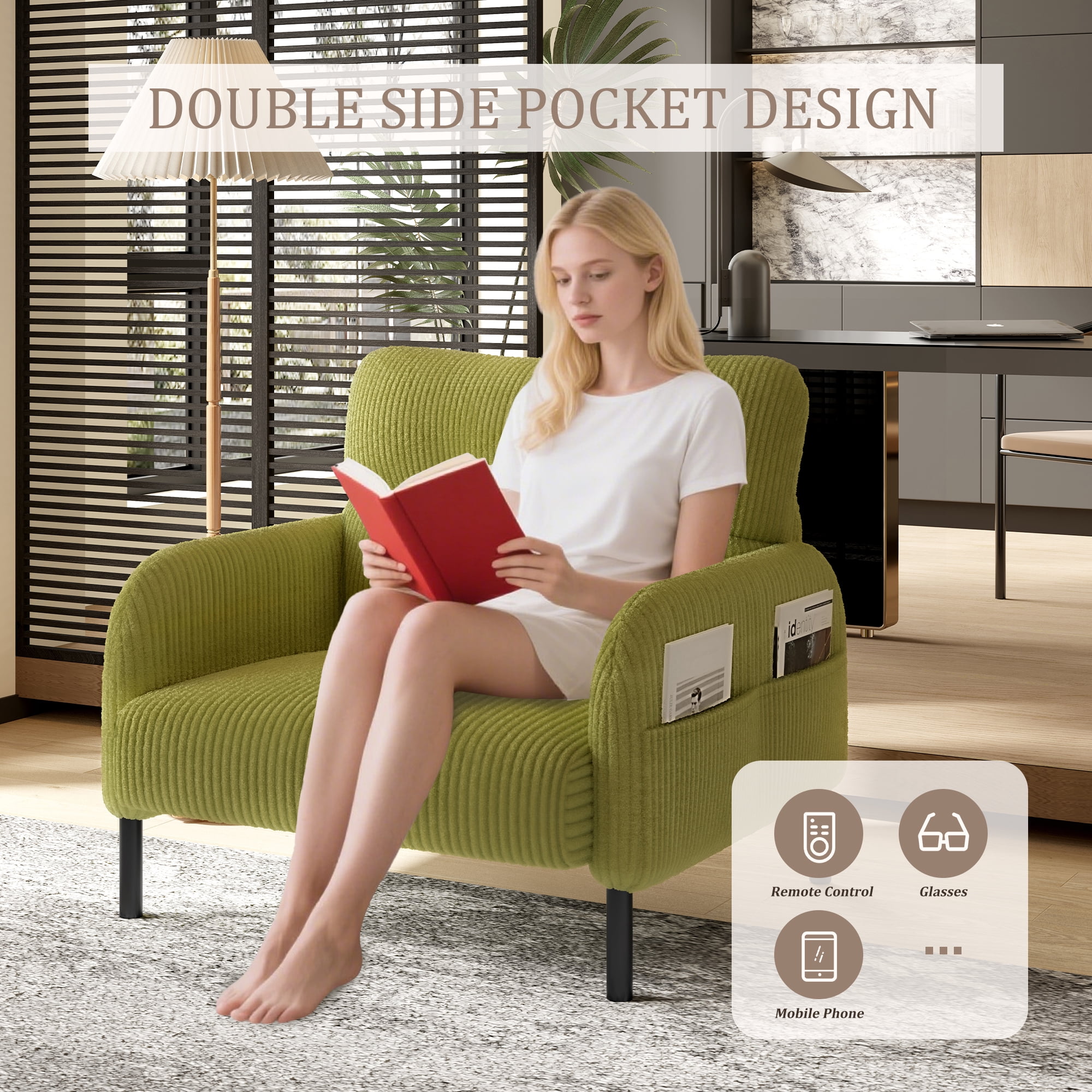 MOONMISS Corduroy Upholstered Comfortable Single Wood Frame Armchair for Living room and Bedroom-Olive Green