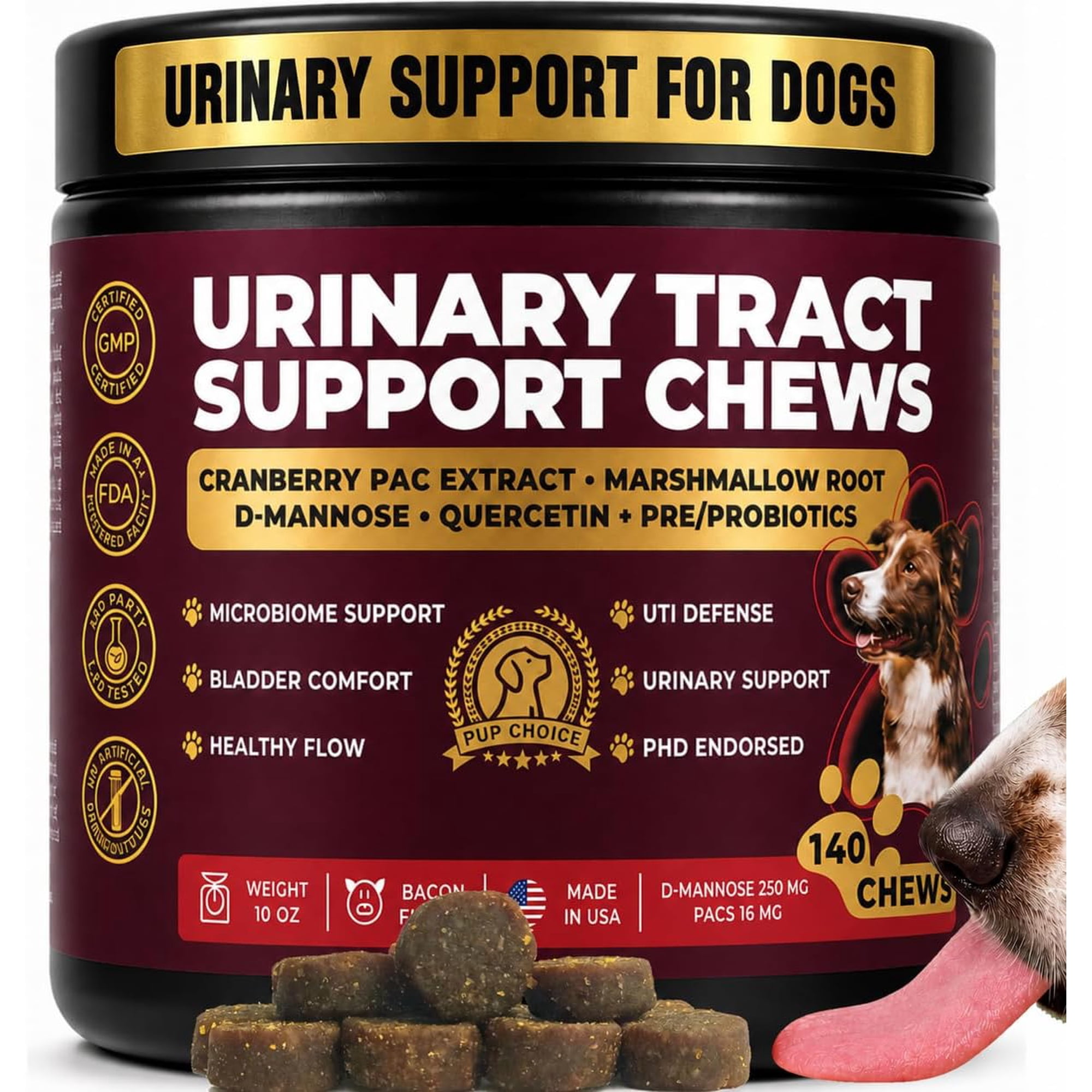 Pup Choice Dog UTI Chews, Cranberry Supplement for Dogs, Urinary Tract Support with D-Mannose & Probiotics, 140 Chews