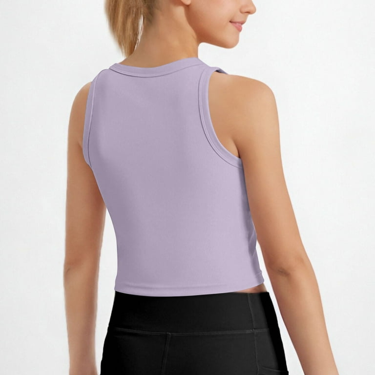 MISSACTIVER Women's Basic Sleeveless Crop Tank Top - Cotton, Crew Neck, Light Purple (Size Medium)