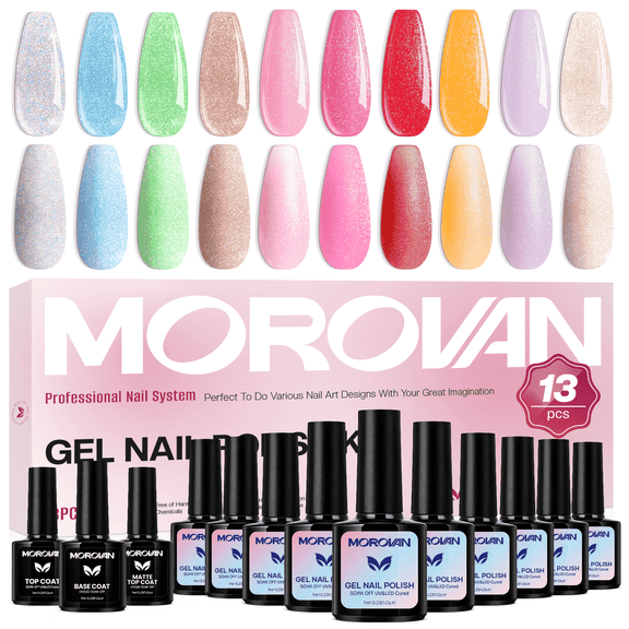 Morovan 13Pcs Neon Gel Nail Polish Set with Base, Glossy & Matte Top Coat for DIY Home Manicure