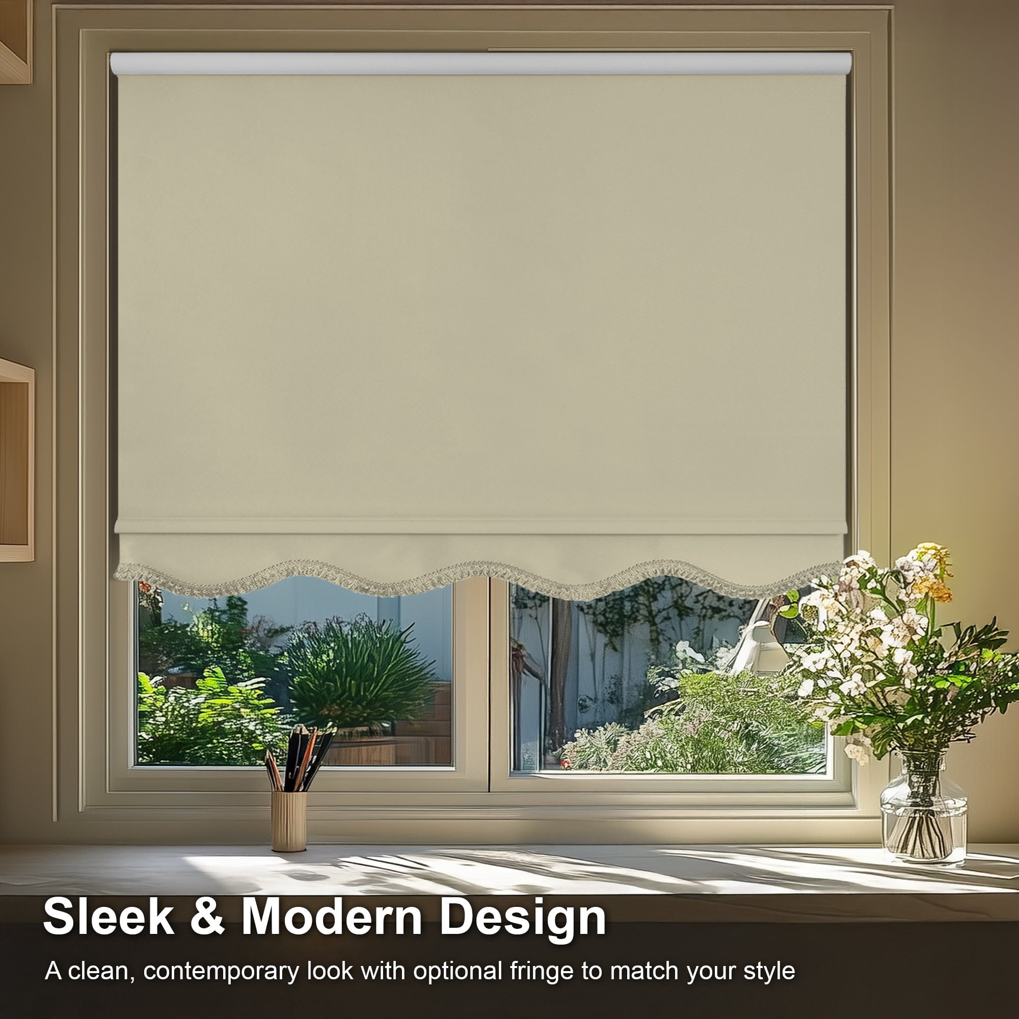 Chicology Blackout Roller Shades with Fringe | Cordless Light Filtering Window Blinds |38.75"W X 64"H| Decorative Privacy Shades for Home & Office | UV Protection | Cream