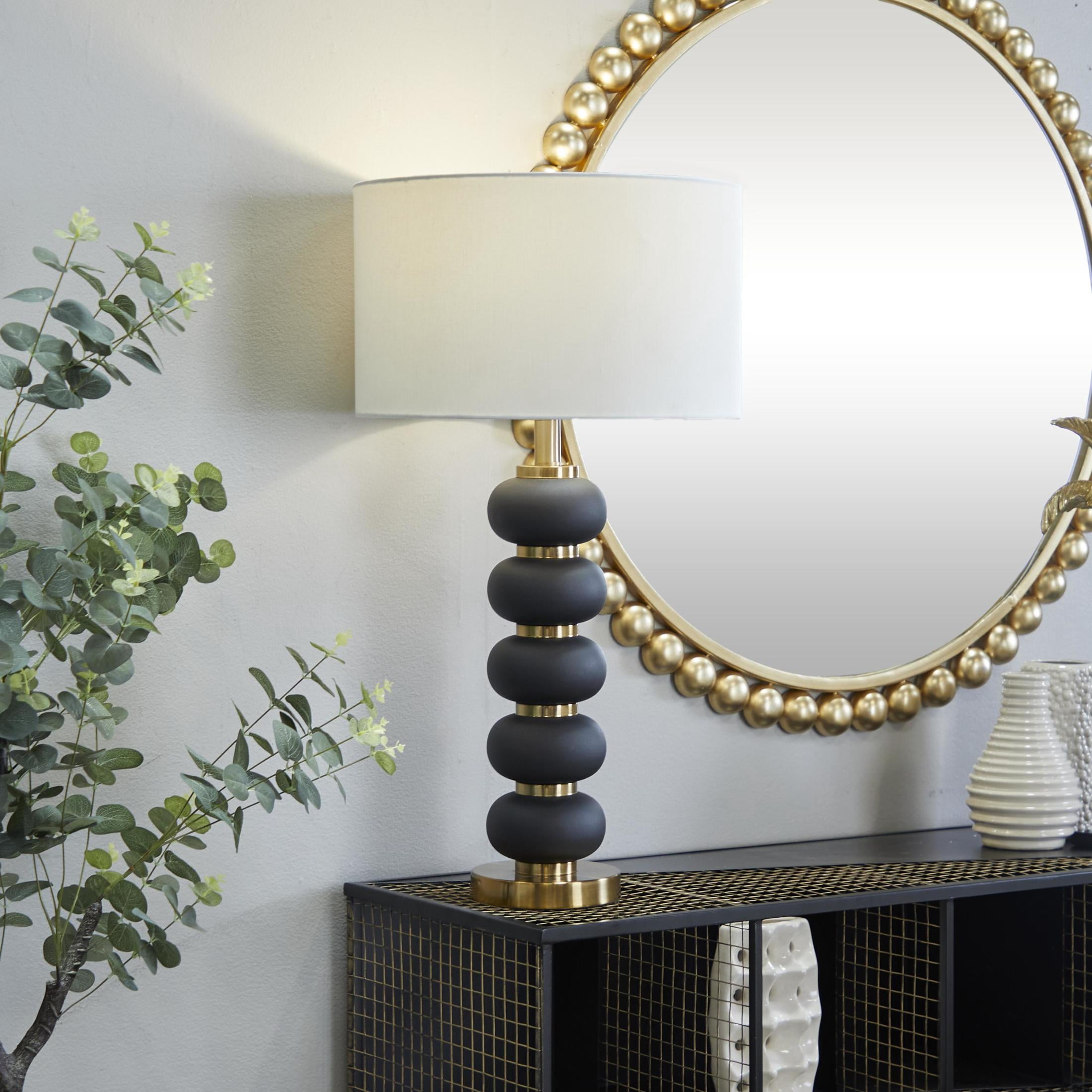 DecMode Metal Contemporary Drum Shaped with Oblong Shaped Accent Table Lamp 15"W x 28"H, Matte Black and Metallic Gold Finished Body with White Linen Lampshade