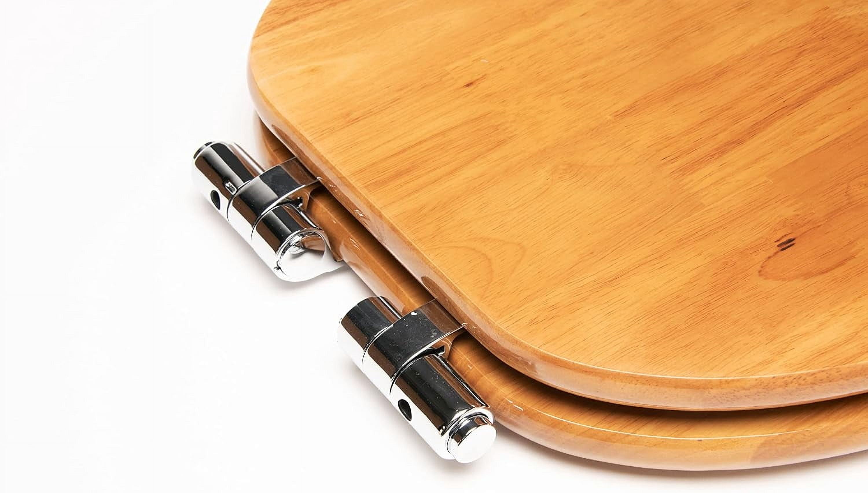 5Q1E3-17CH Solid Oak Contemporary Design Toilet Seat with Slow Close & R'N'C Hinge, Elongated, Natural Oak with Chrome