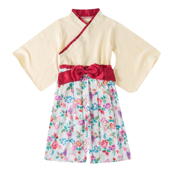 XXWXYD Kimono-Style Baby Girls Romper, Snap Closure Cotton Jumpsuit with Obi Belt - Toddler Photoshoot Outfit for Spring/Summer