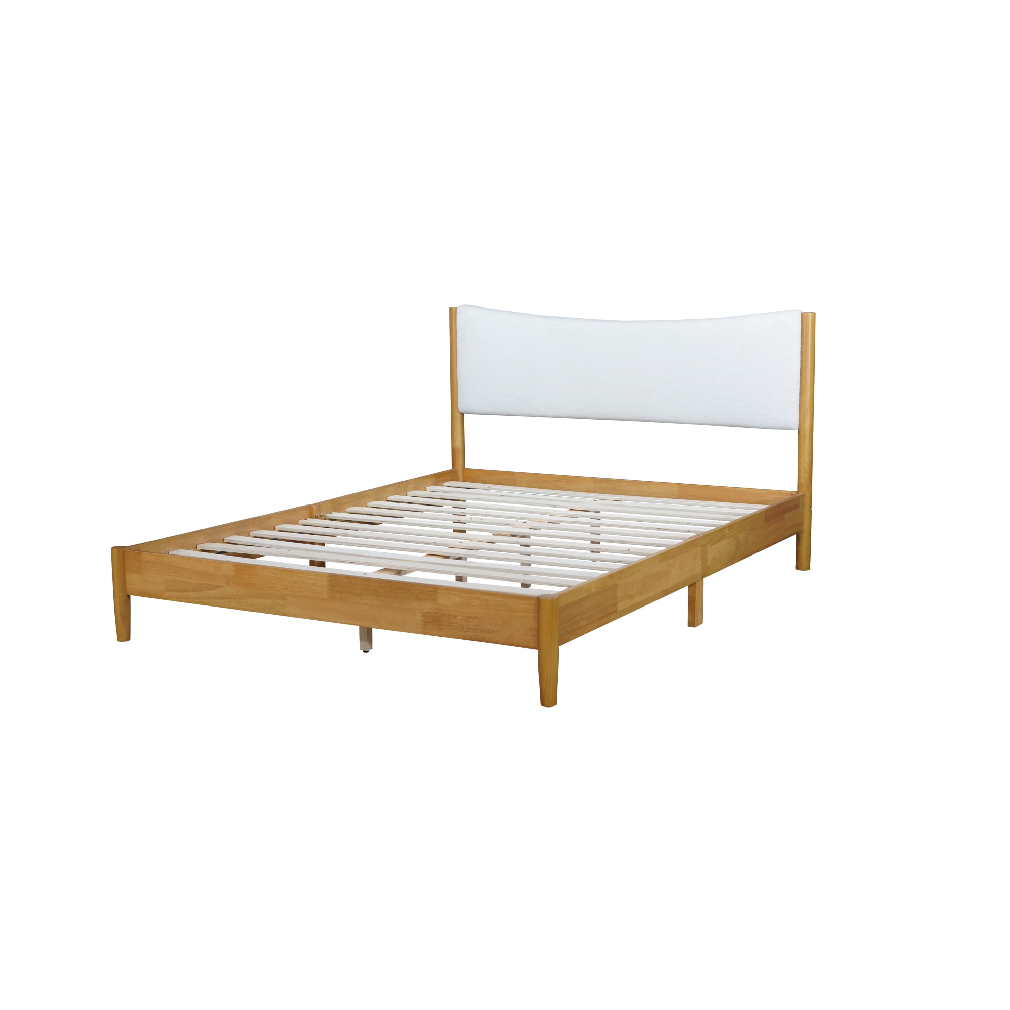 Leumius Queen Size Solid Rubber Wooden Bed with Boucle Upholstered Headboard, Enhanced by Support Feet for Teens and Adults Natural