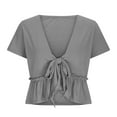 thumbnail image 3 of Mittory Women's Short Sleeve V Neck Blouses Ruffle Hem Tie Front Crop Tops Lightweight Basic Summer Tops, 3 of 7