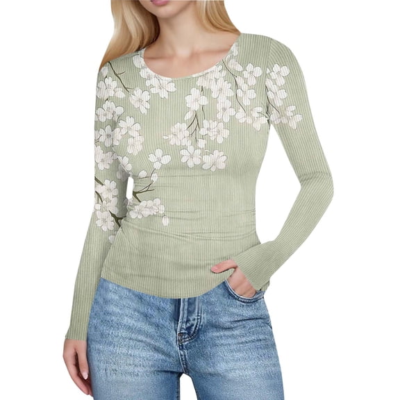 Women's Long Sleeve Tops Casual Round Neck Printed Graphic Tunic Slim Fit Striped Knitted Shirt Tops (S, Khaki)