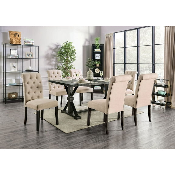 Contemporary 7pc Dining Set Dining Table 6x Side Chairs Ivory Fabric Button Tufted Scroll Back Chair Dining Room Solid wood